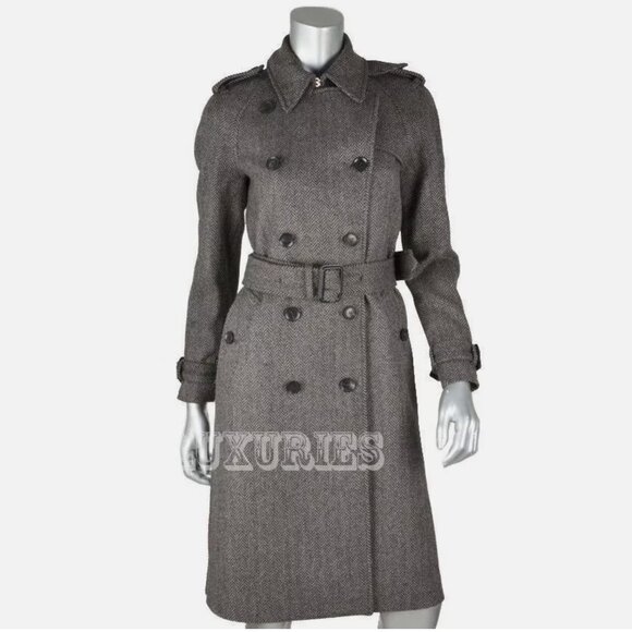 GUCCI COAT GREY WOOL HERRINGBONE DOUBLE BREASTED LONG JACKET IT42/ US6